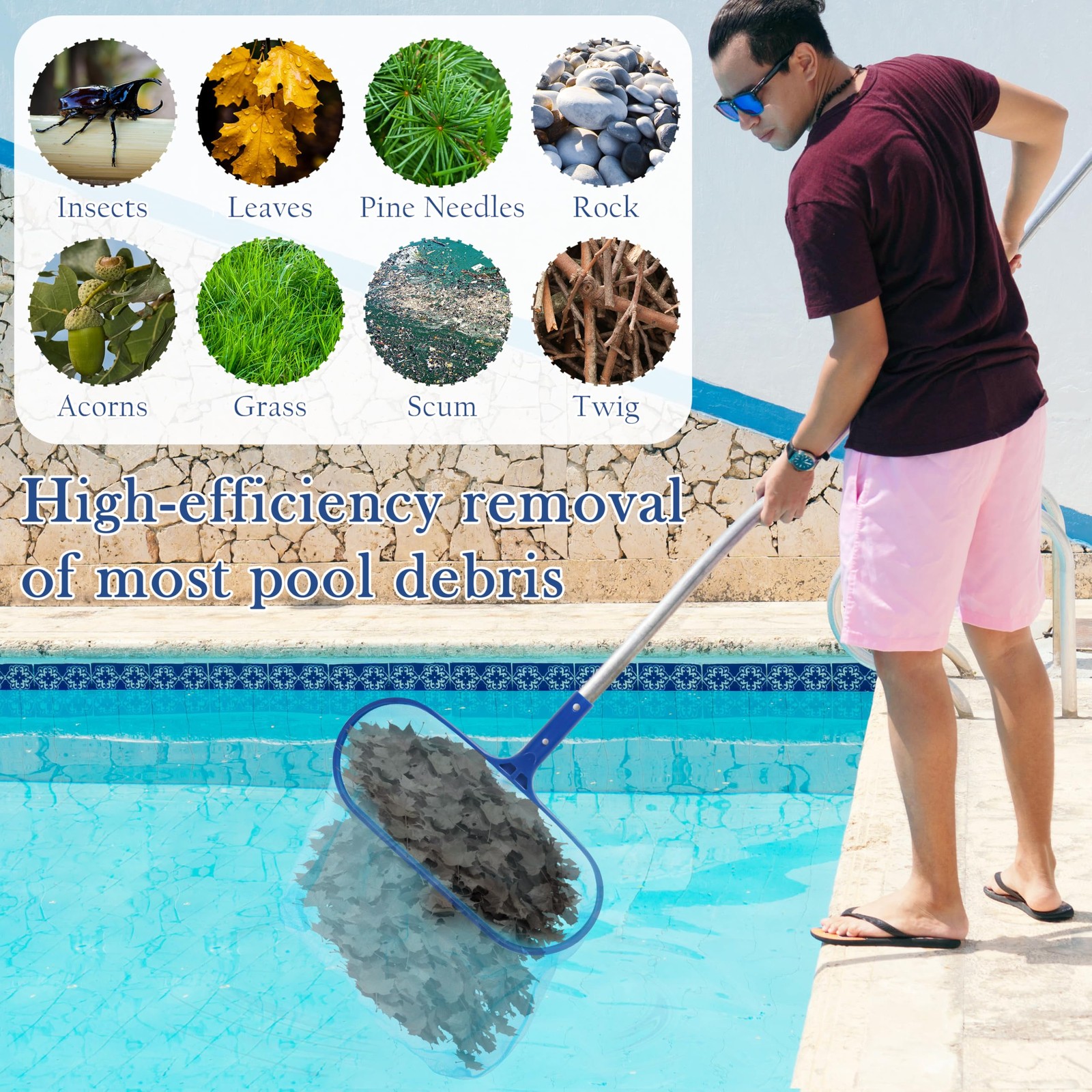 Heavy Duty Pool Leaf Rake Fine Mesh Frame Net for Efficient Cleaning 15.5x11in