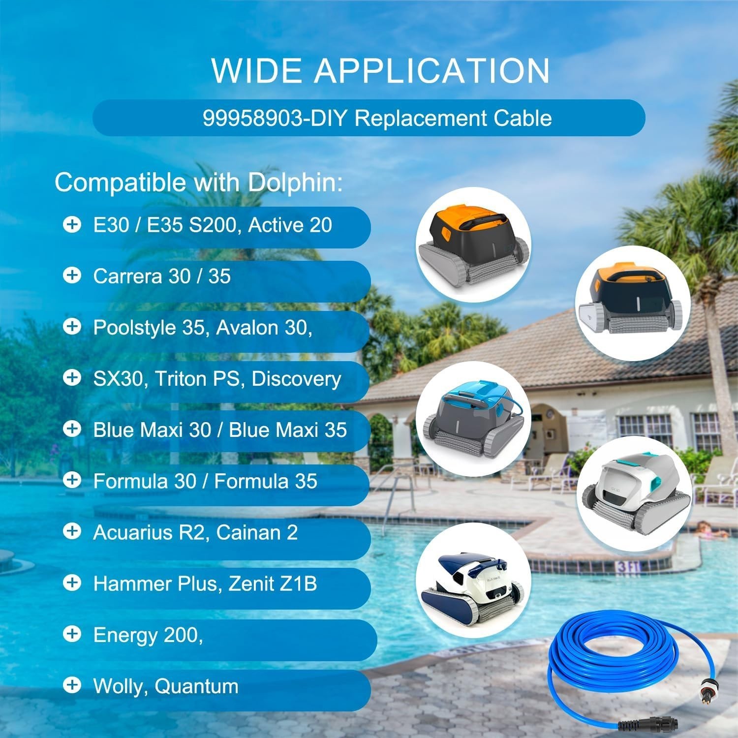 For Dolphin Pool Cleaner 99958903-DIY Cable Cord 2-Wire 60FT Triton PS PoolStyle