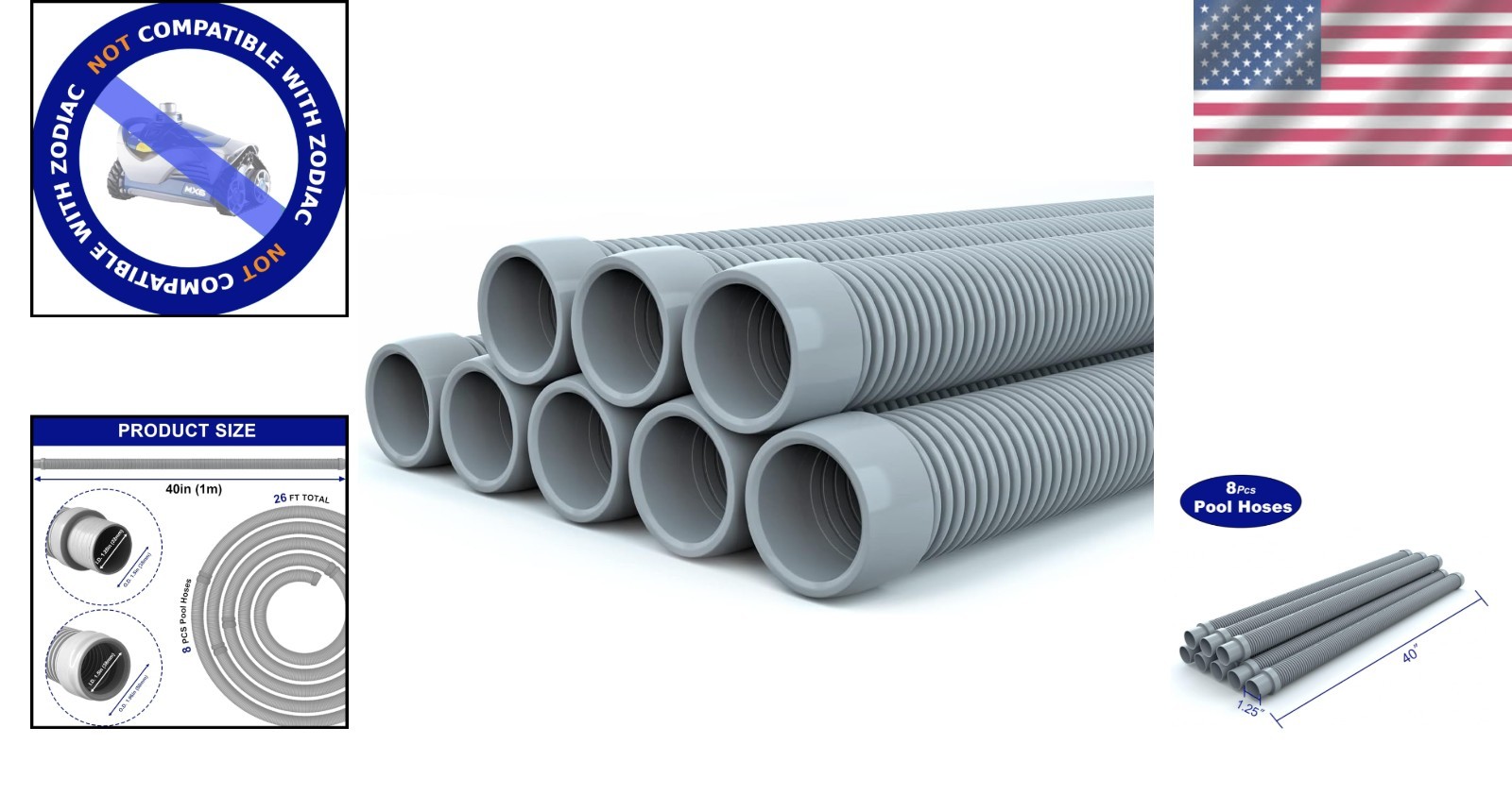Professional Pool Vacuum Hose 26ft 1.5&Prime; 8-Piece Extension Grey Plastic