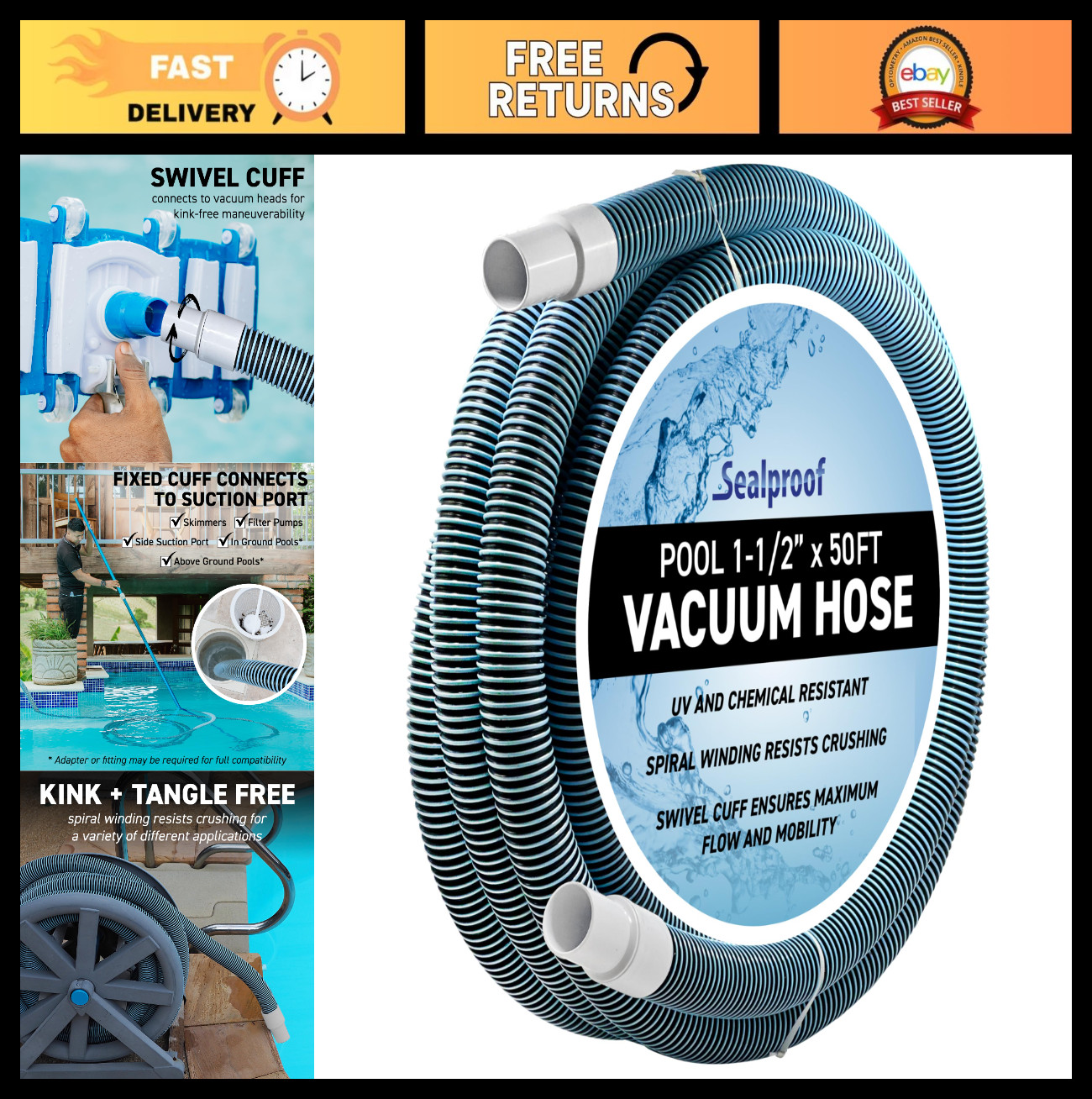 50-Ft Kinkproof Swimming Pool Vacuum Hose 1-1/2&Prime; – Swivel Cuff for Easy Cleaning