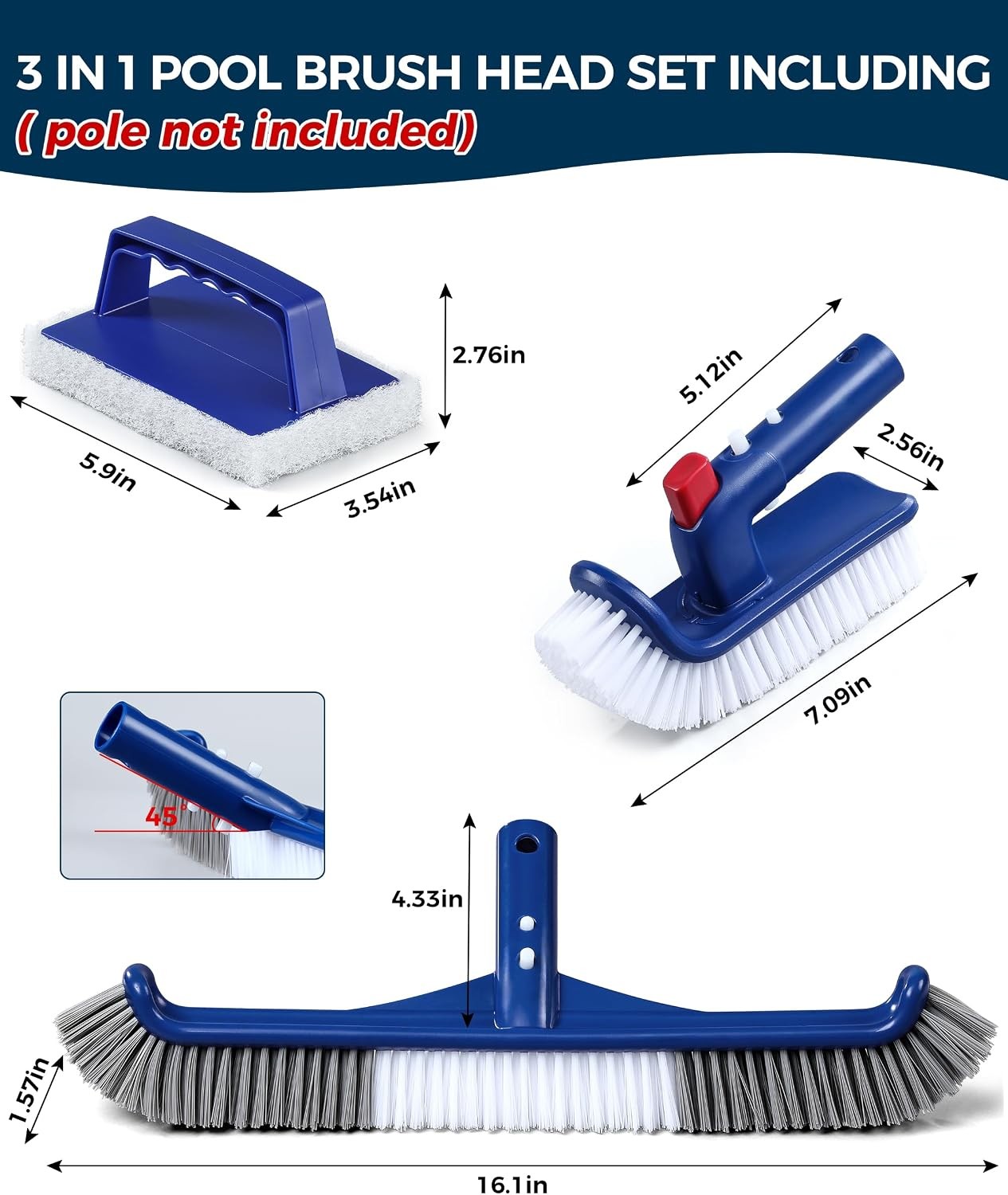 Pool Brush Set: 17.5&Prime; Long, Rotatable, Sponge – Blue
