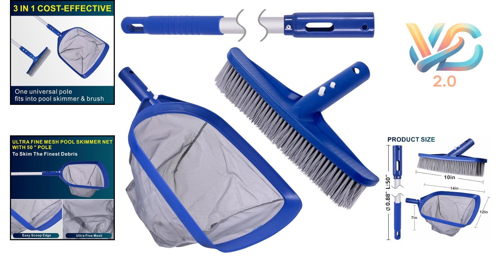 3 in 1 Pool Cleaning Kit with 50 Inch Aluminum Pole, Skimmer Net, Pool Brush,…