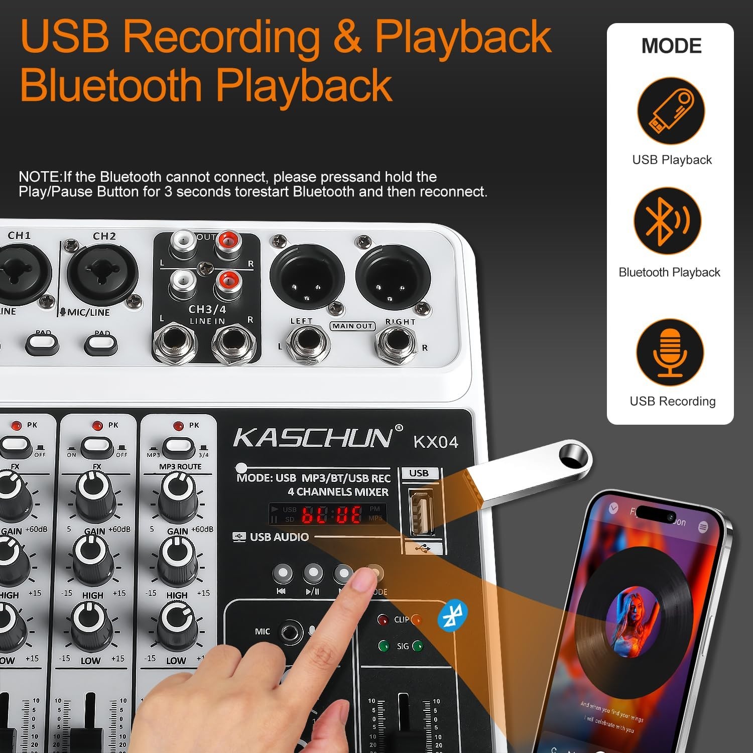 4 Channel DJ Audio Mixer Bluetooth USB MP3 48V Phantom Power Sound Board Console