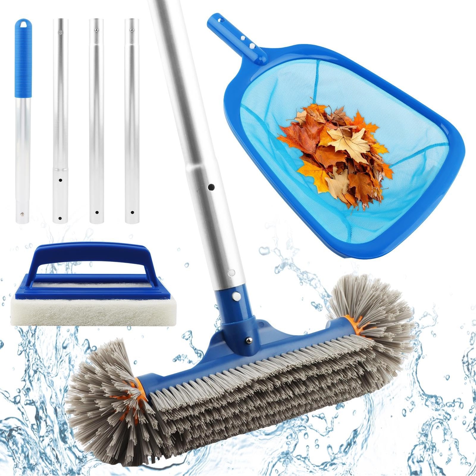 Swimming Pool Cleaning Kit Adjustable Pole, Skimmer Net, Sponge Scrubber