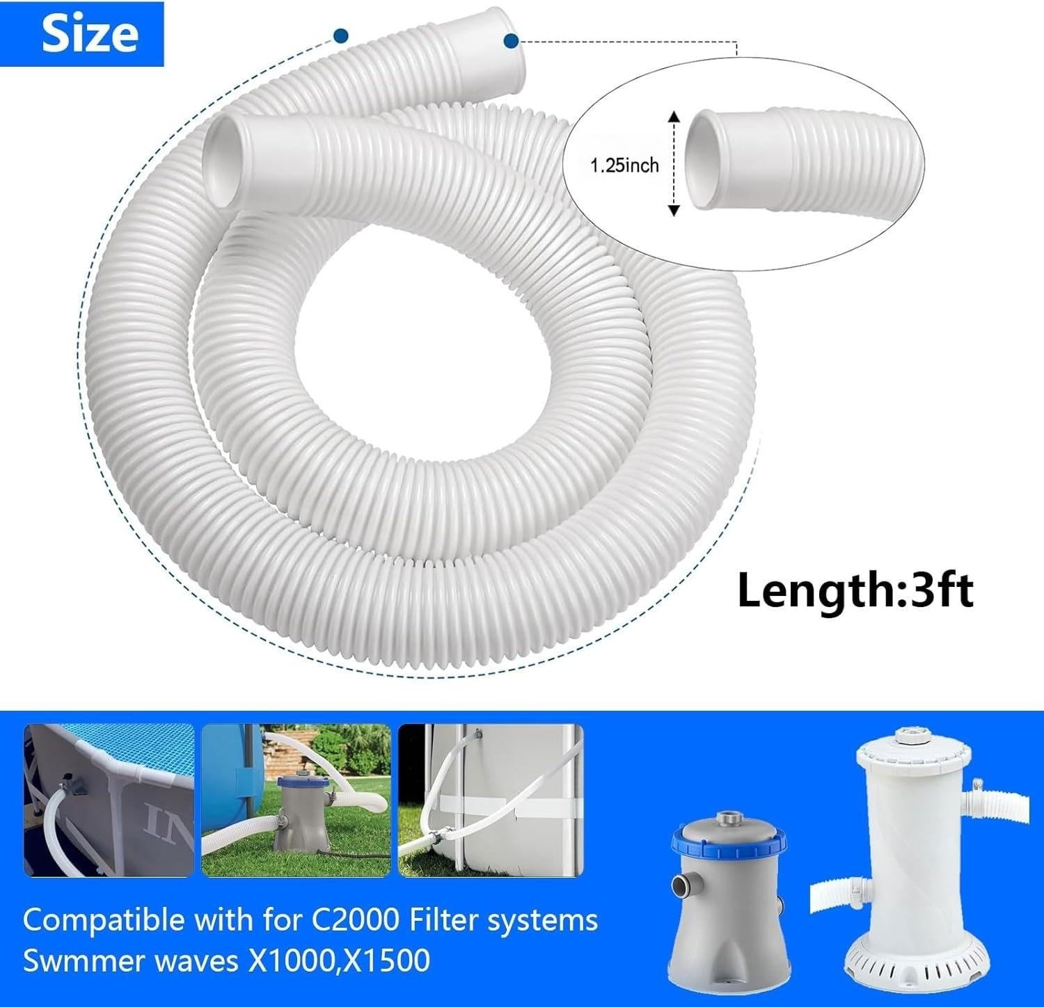 1-1/4 Inch x 3ft Replacement Pool Hose for 1.25 inches x 36 inches, 1 pack