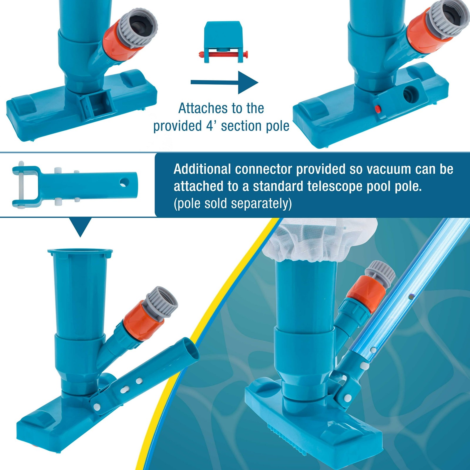 Jet Pool Vacuum Cleaner w/ 5 Section Pole Leaf Bag for Pools & Spas