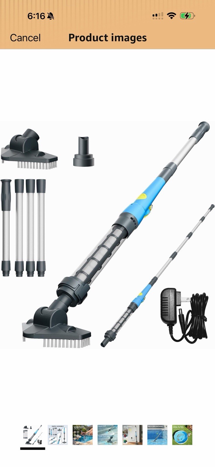Cordless Rechargeable Pool Vacuum 60 Min w/ Telescopic Pole, Brush & Charger