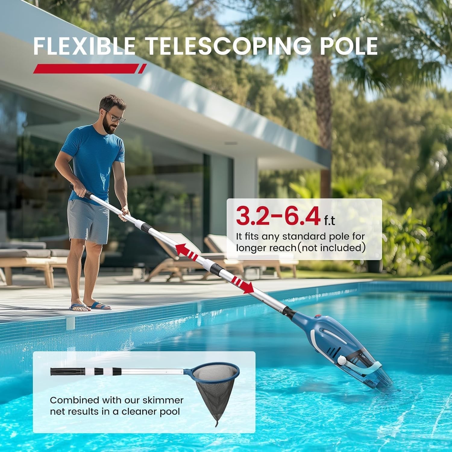 New 2026 Upgraded Pool Vacuum Cordless 80 Min Runtime Telescopic Pole Blue