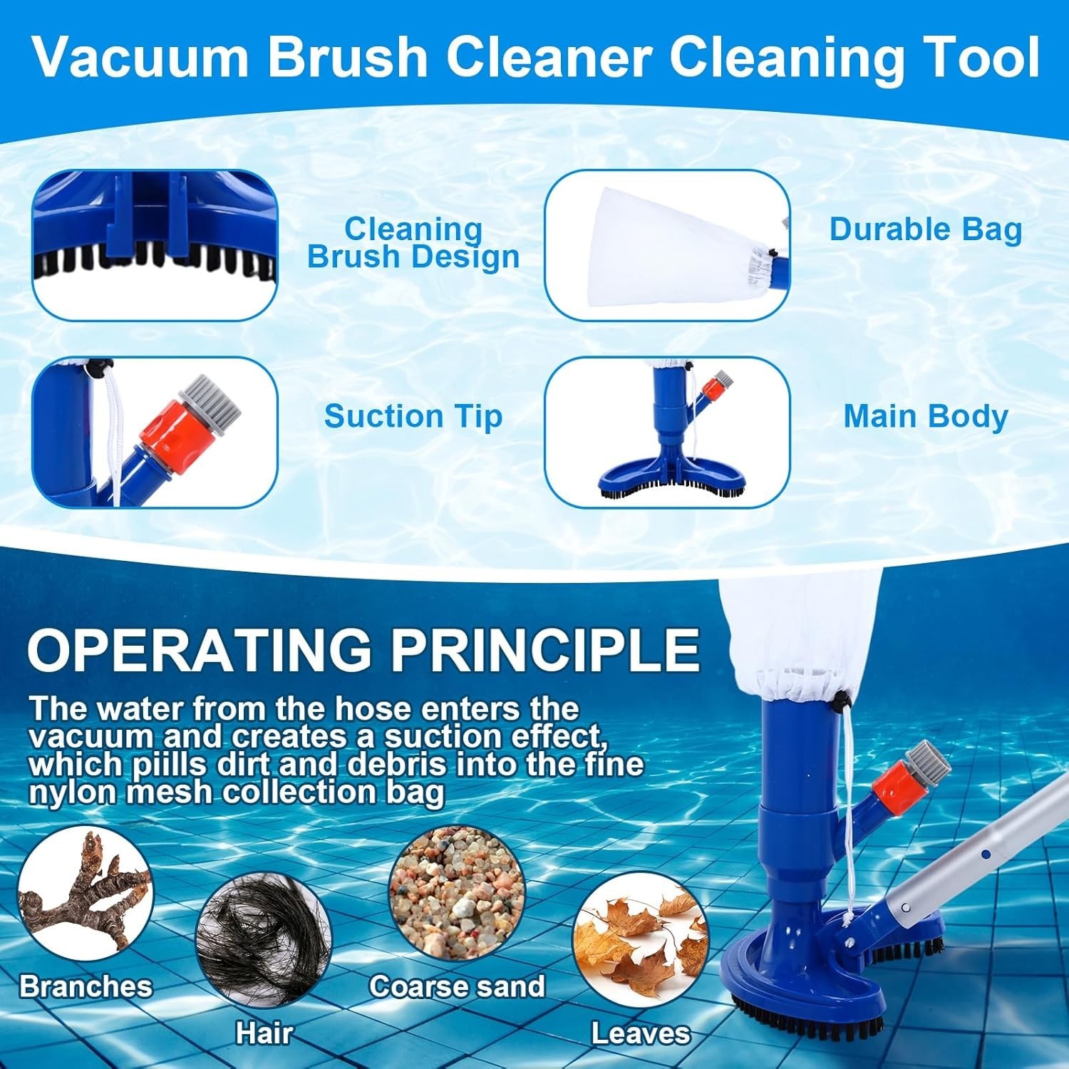 5 Pcs Pool Cleaning Kit Jet Vacuum Skimmer Nets Brush Pole Above Ground Spa