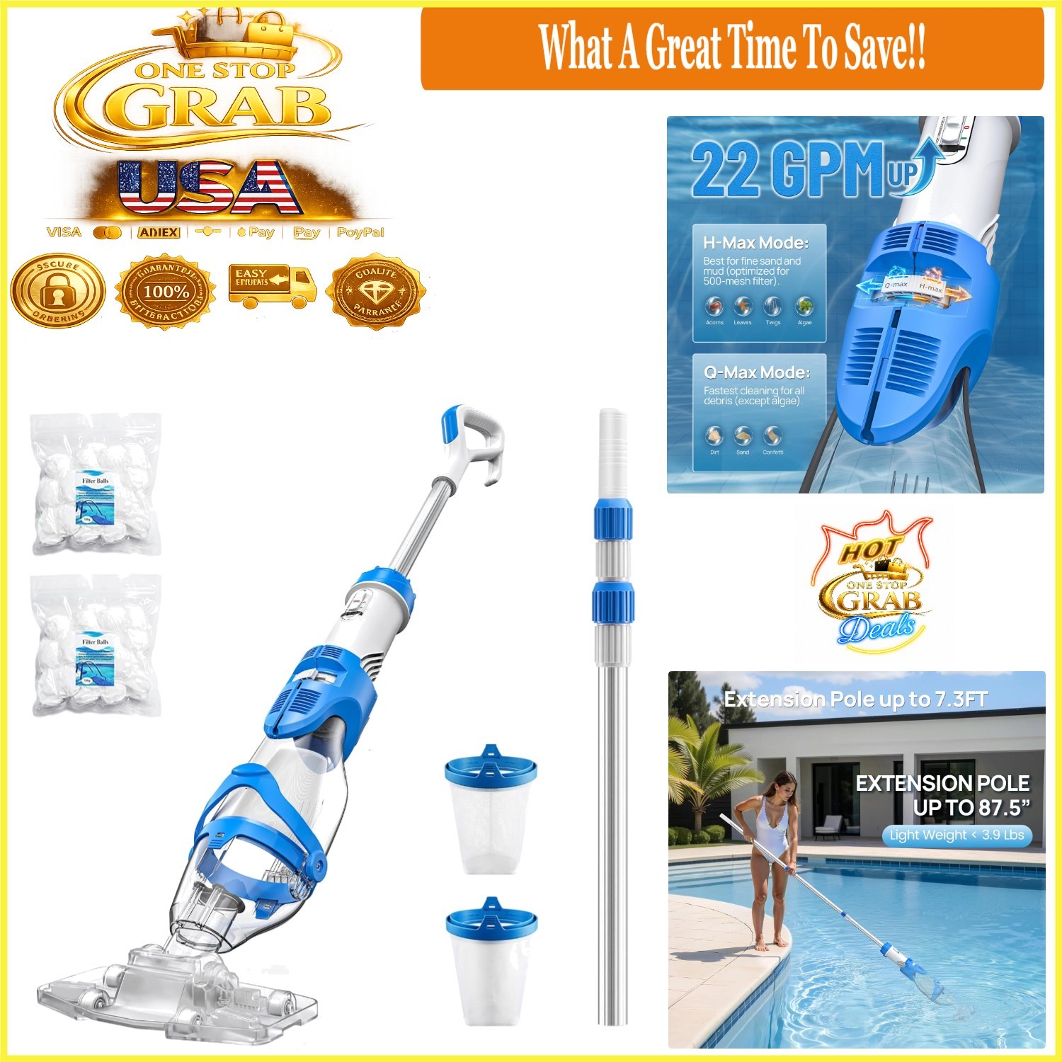 Battery-Powered Pool Vacuum 22 GPM Suction Handheld with 7.3 Ft Telescopic Pole