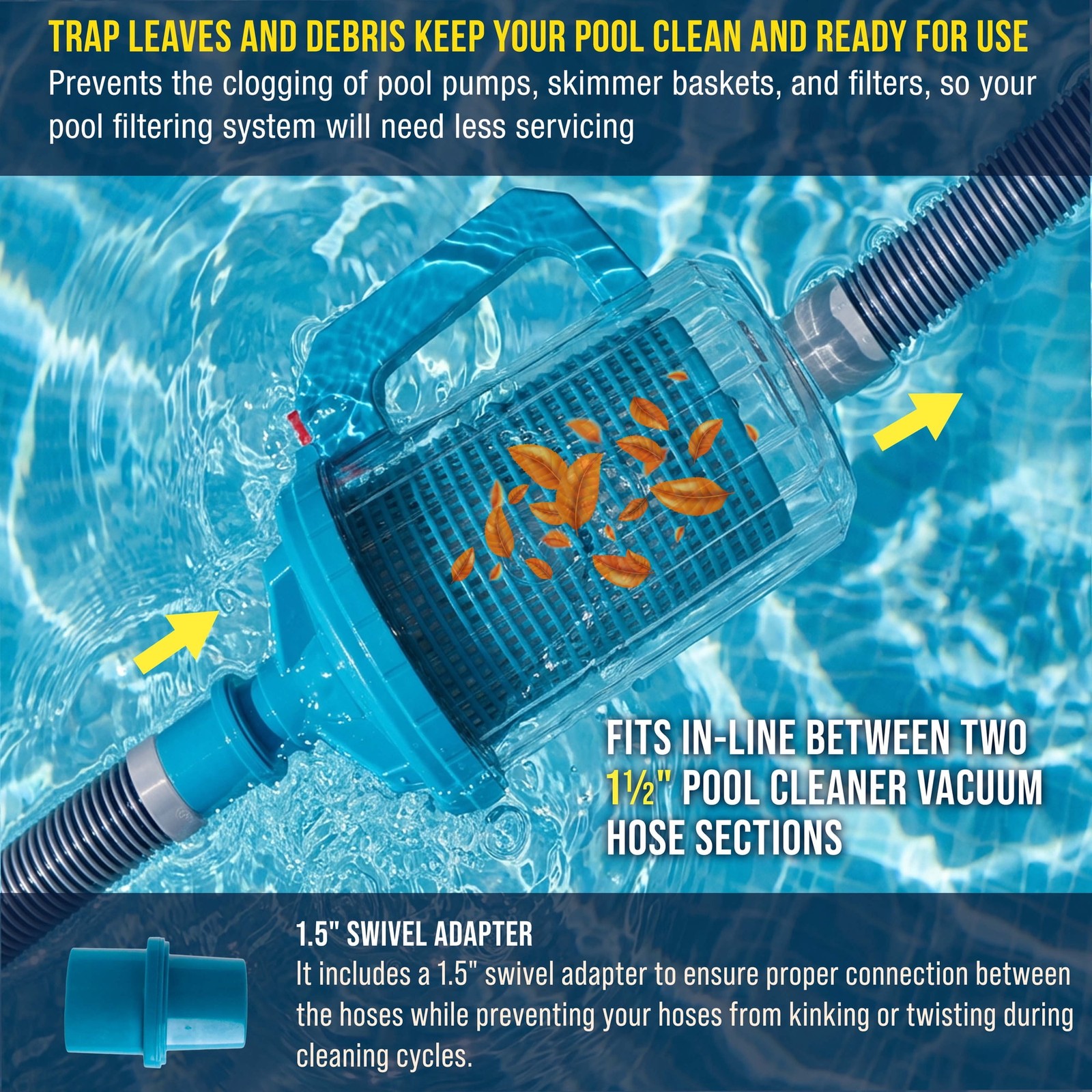 Inline Pool Leaf Canister 3-in-1 Filter Catcher Fits 1.5&Prime; Vacuum Hoses