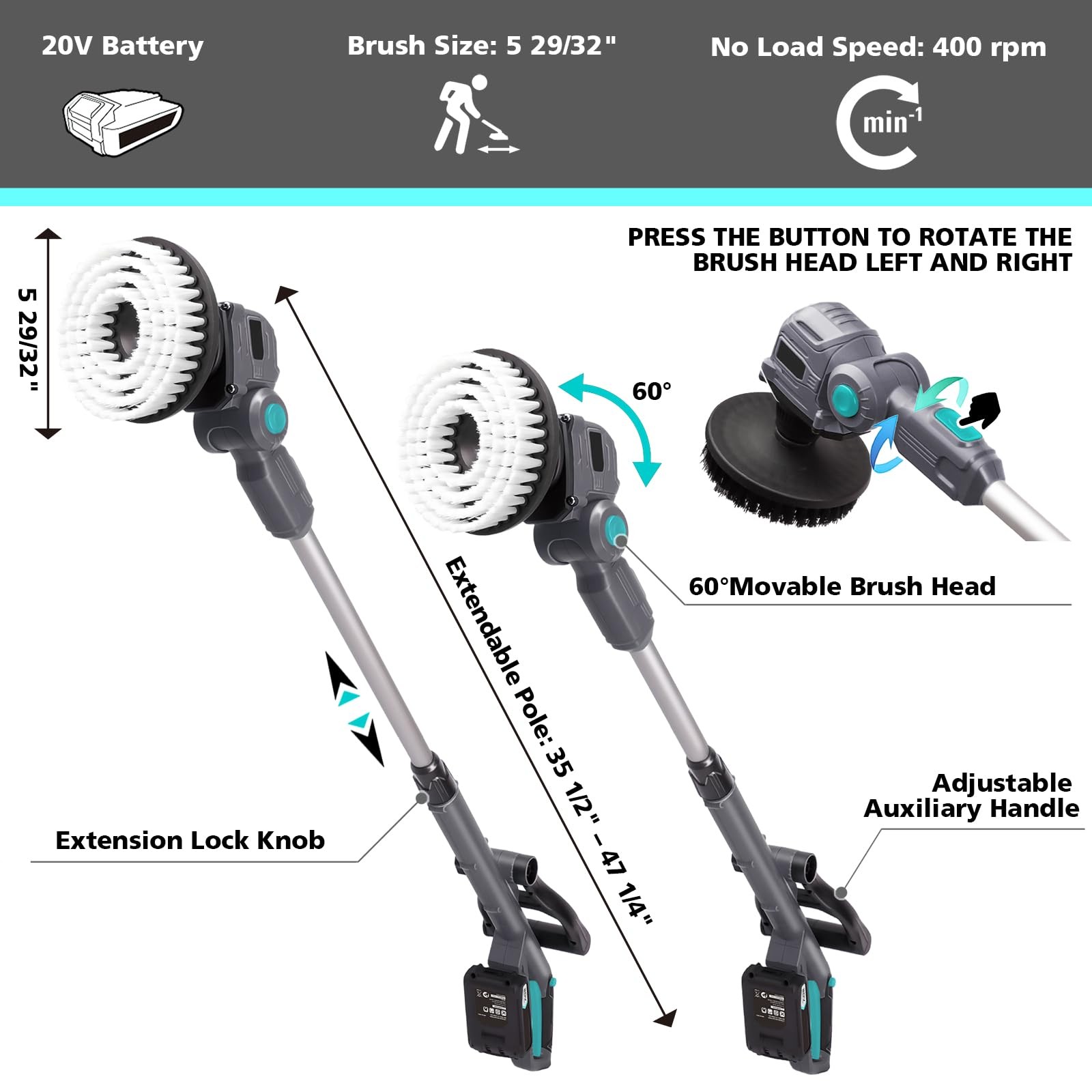 20V Cordless Spin Scrubber with Replaceable Battery, Electric Cleaning Brush …