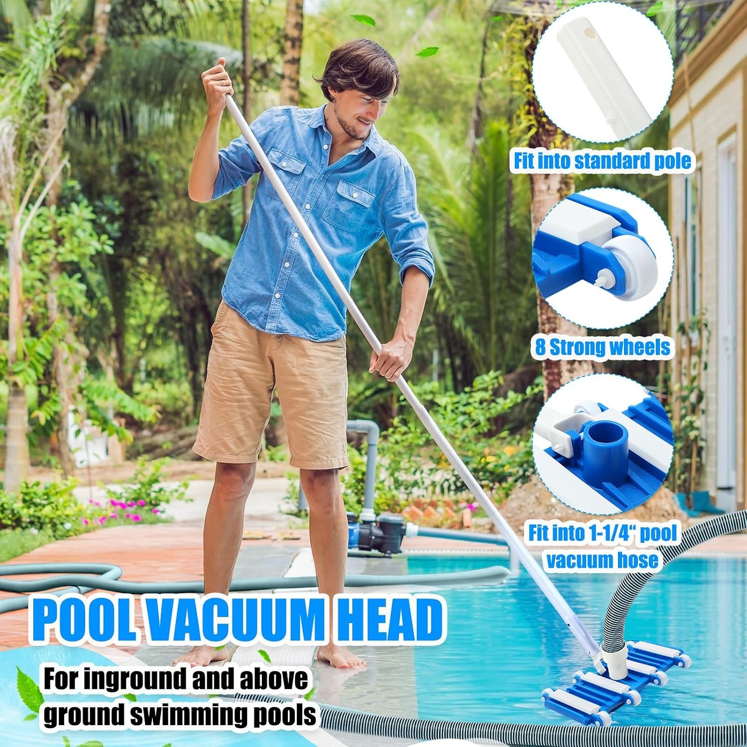 Pool Vacuum Head Kit 1-1/2&Prime; x 30ft Hoses Wheel Style Swimming Pool Vacuum Kit