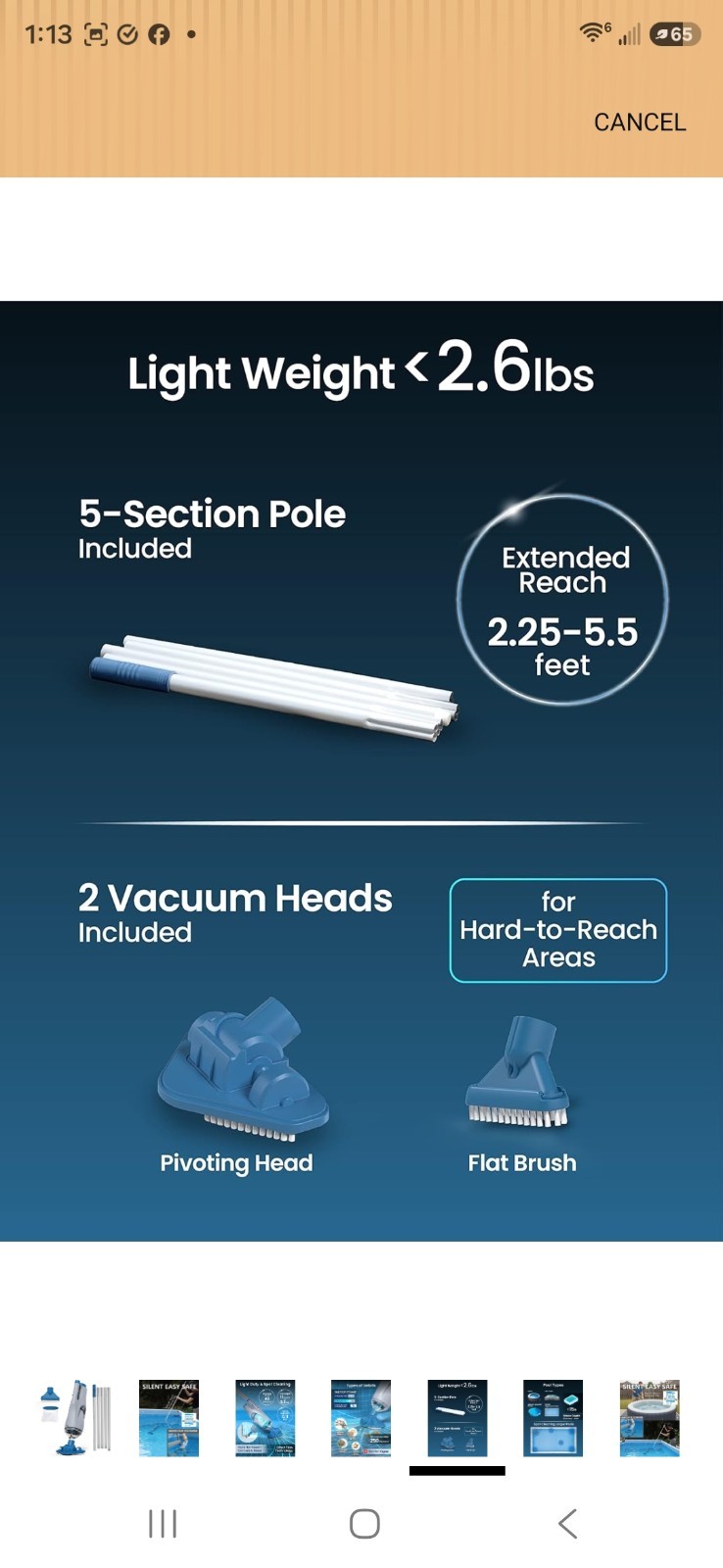 KOKIDO Cordless Handheld Pool Vacuum for above Ground Pool, with 6Ft Pole and 2