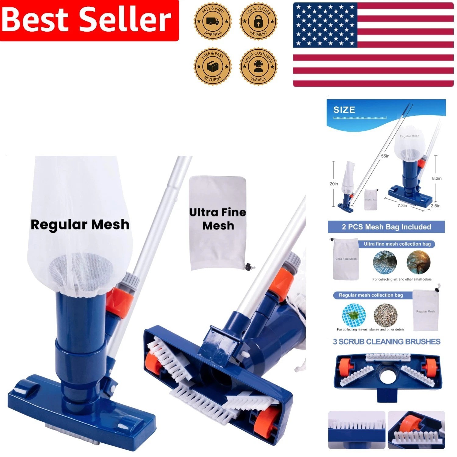 Upgraded Swimming Pool Jet Vacuum Cleaner Blue w/ 56