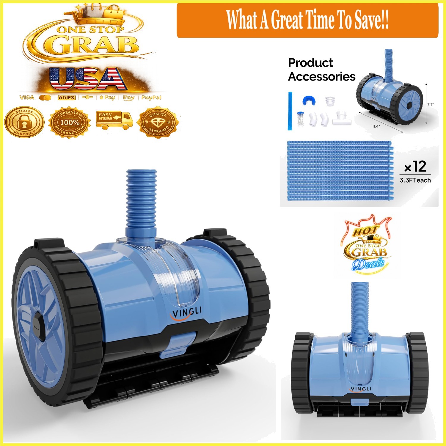 Automatic Pool Vacuum Cleaner Inground & Above-Ground Heavy-Duty 39ft Hose