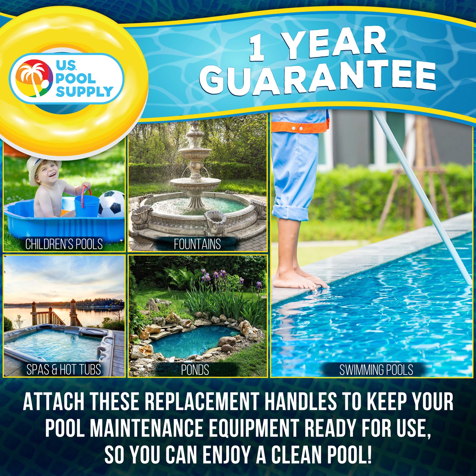 U.S. Pool Supply 2 Pool Vacuum Head Replacement Handles, V Clips & Locking Pins