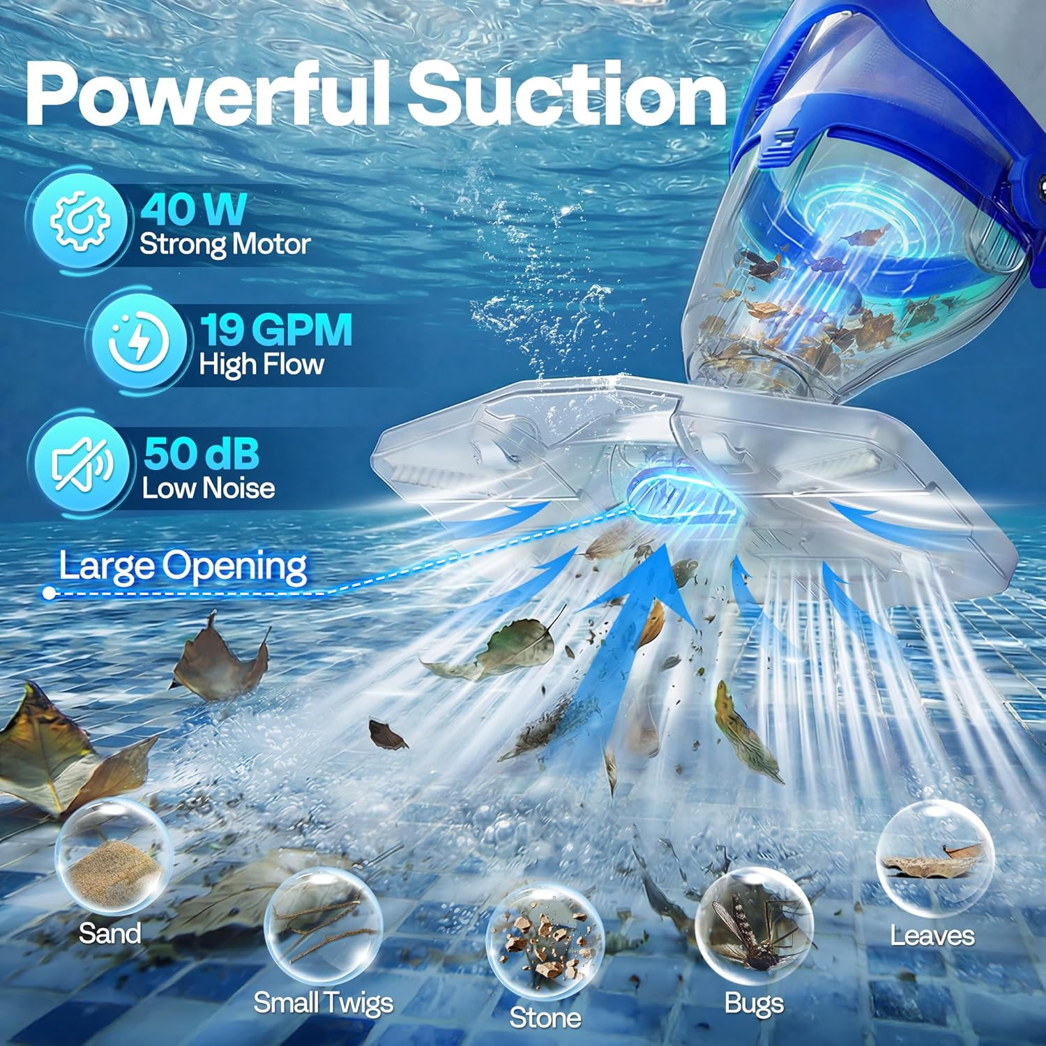 1140GPH Handheld Pool Vacuum Cordless Cleaner Powerful 40W Motor Suction Long-Ru