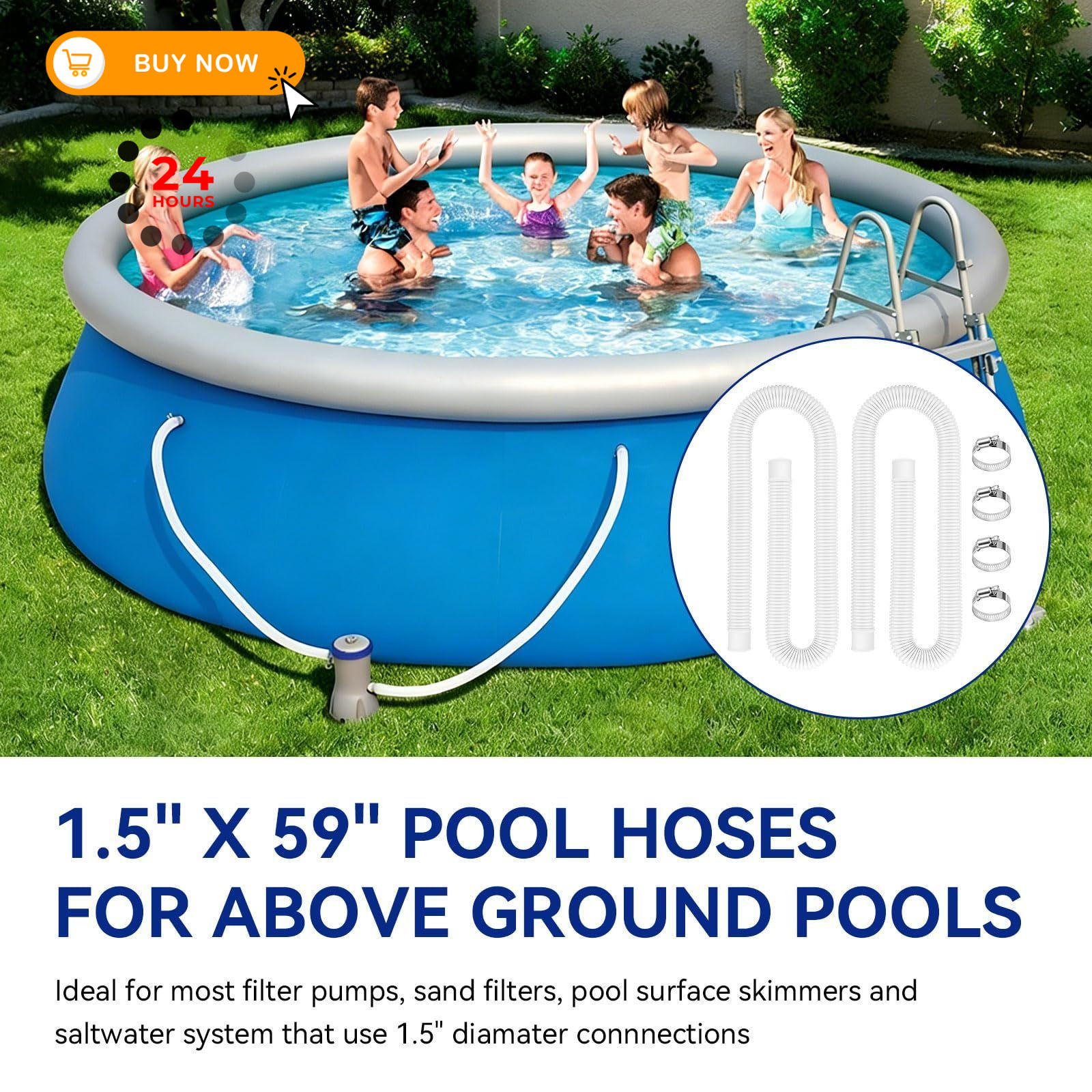 Pool Hoses for Above Ground Pools 1.5&Prime; Diameter 1.5 inches x 59 inches, White