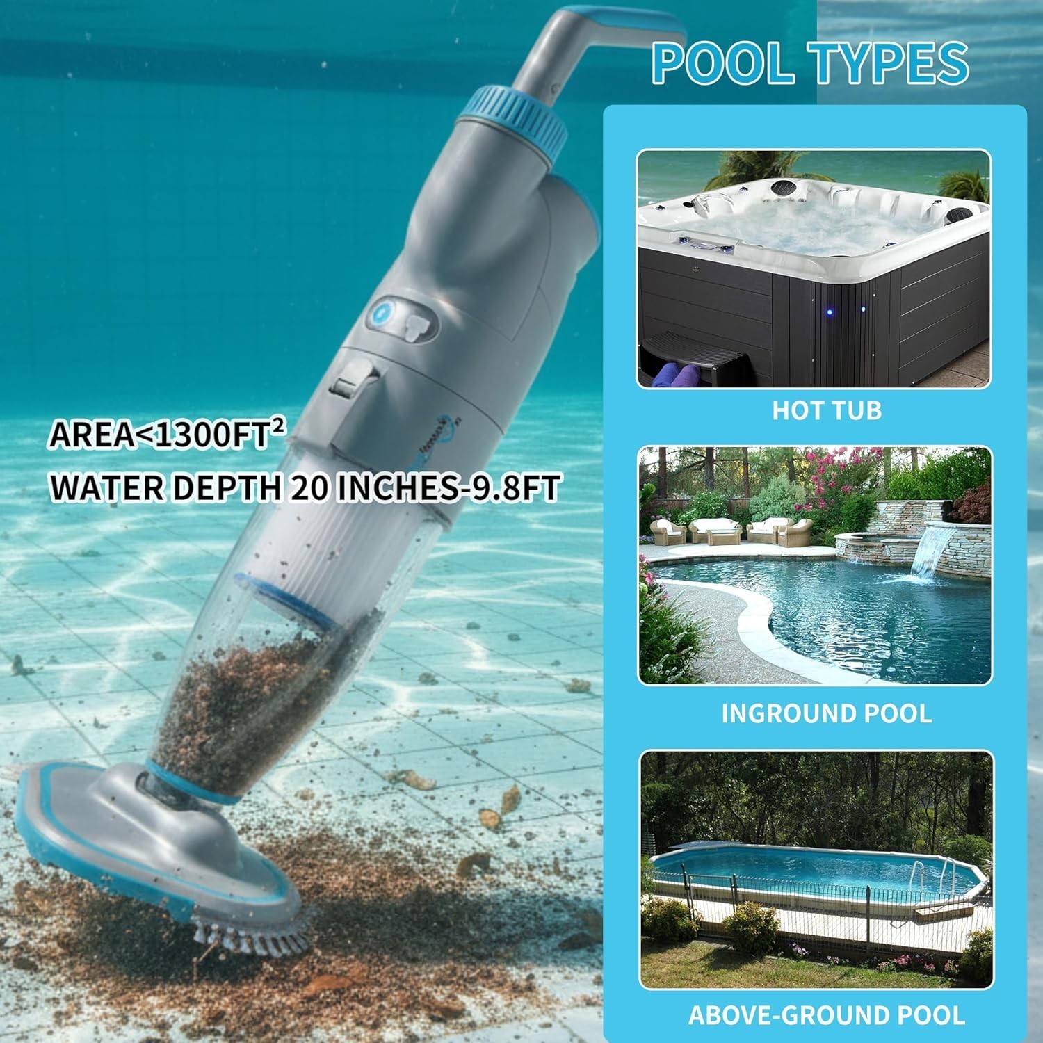 50 PRO 2026 Cordless Pool Vacuum Cleaner Heavy-Duty Debris Spas Hot Tubs Gray