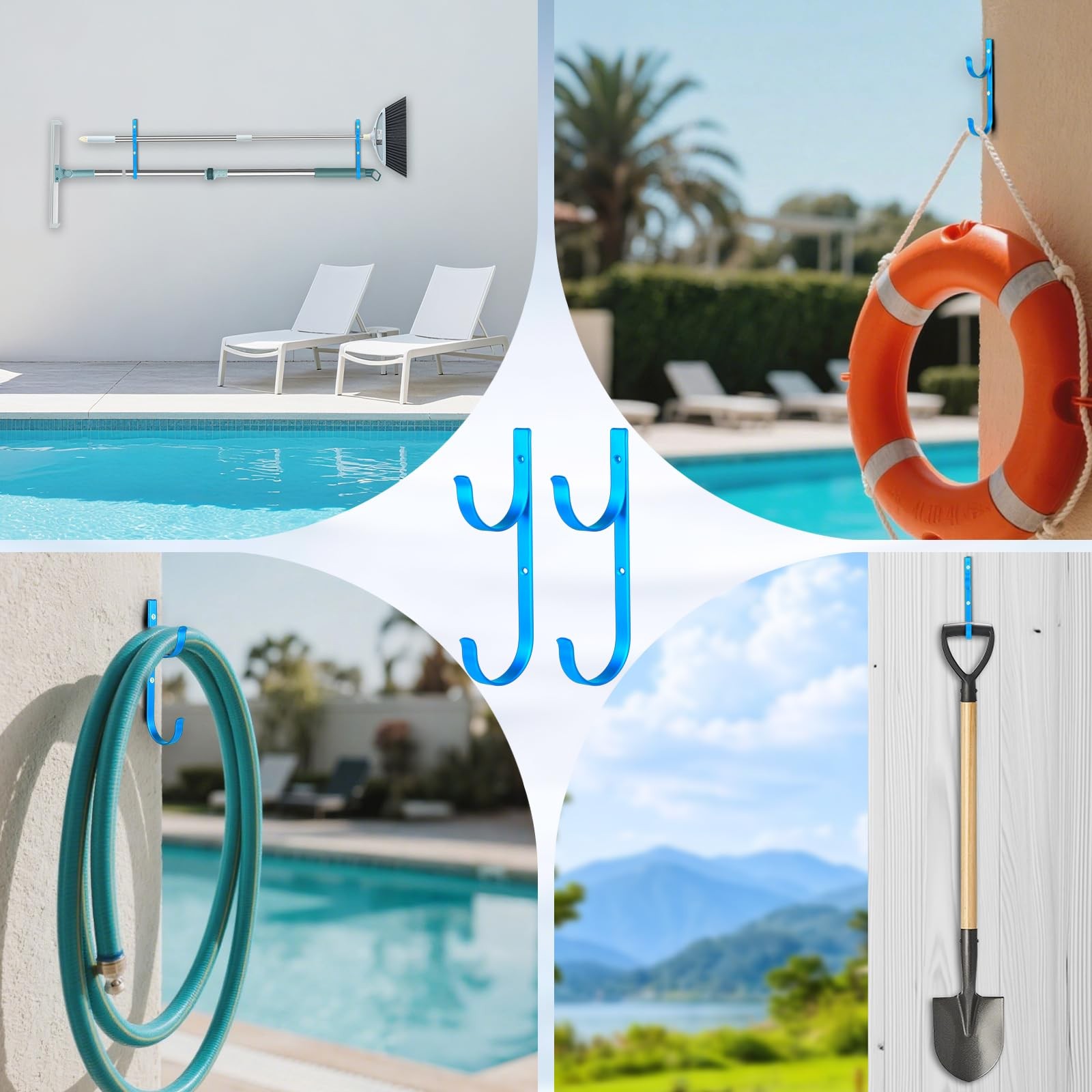 Aluminum Pool Pole Hanger Set 4 Blue Hooks for Rakes, Skimmers, and Tools
