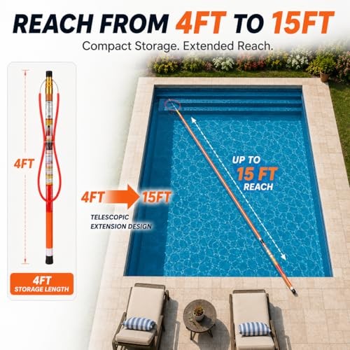 15FT Telescopic Pool Rescue Pole with Safety Hook, Fiberglass Water Safety