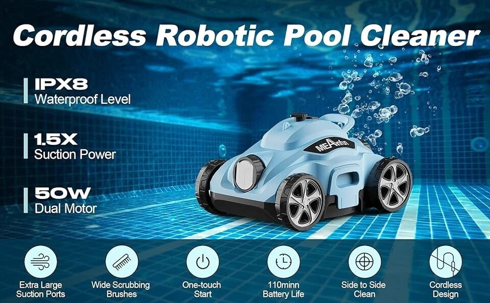 CORDLESS BLUE ROBOTIC POOL CLEANER Meanfun MF-PC01 BLUE NEW
