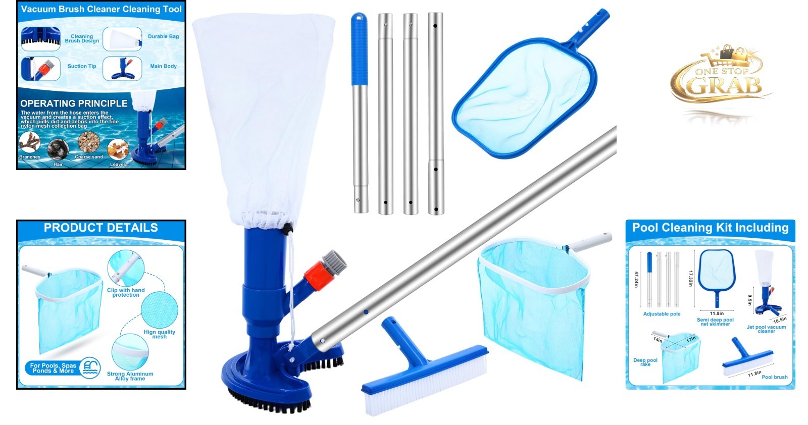 5 Pcs Pool Cleaning Kit Jet Vacuum Skimmer Nets Brush Pole Above Ground Spa