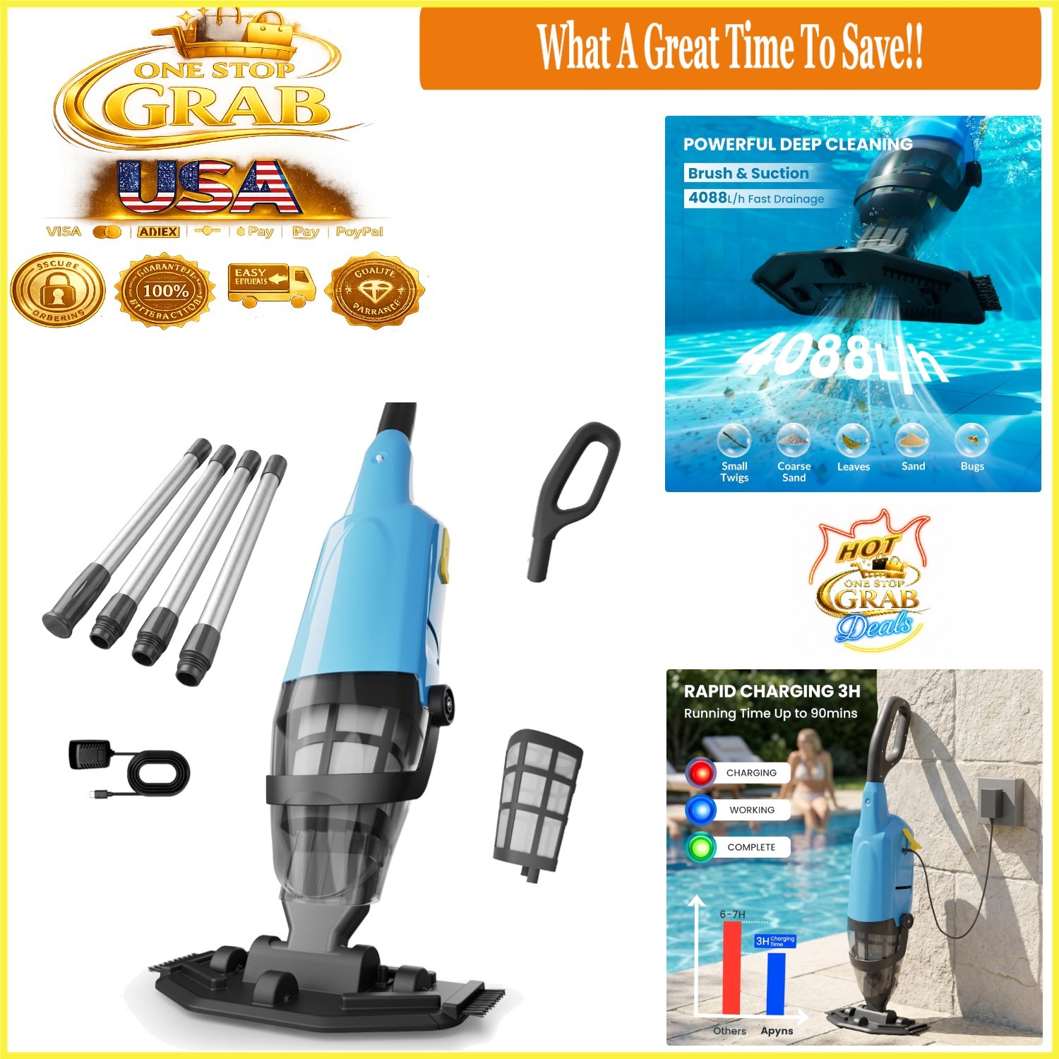 Battery Powered Cordless Pool Vacuum Handheld 15GPM 87&Prime; Debris Filter