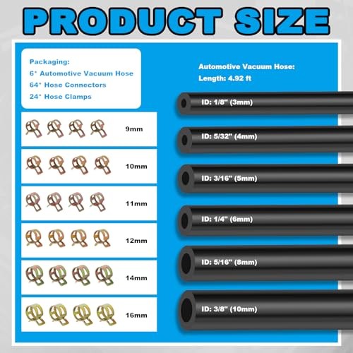 6PCS 5Ft Silicone Vacuum Hose Automotive Kit,ID 94PCS