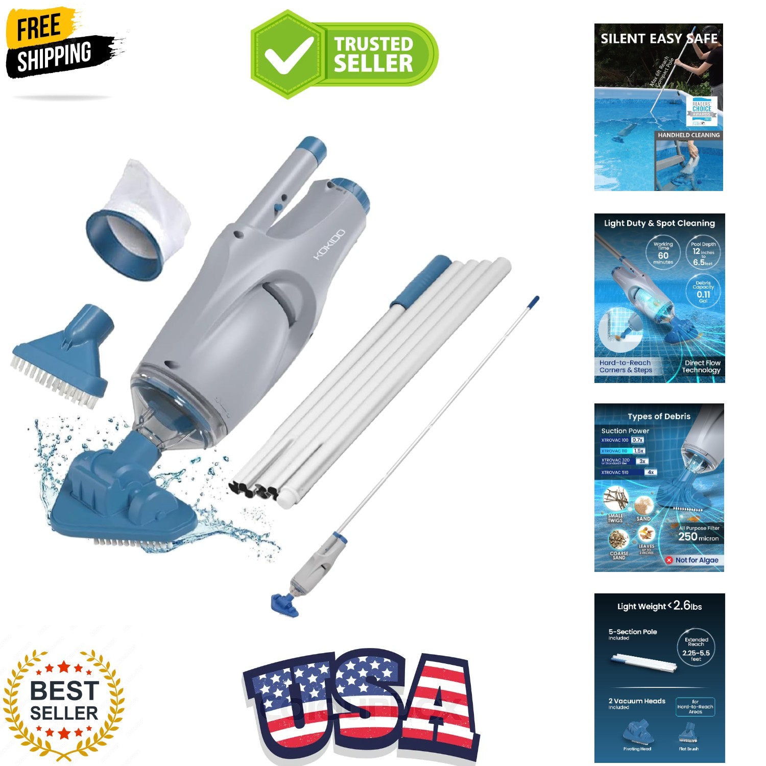 Cordless Handheld Pool Vacuum for Above Ground Pool, with 6ft Pole and 2 Vac …