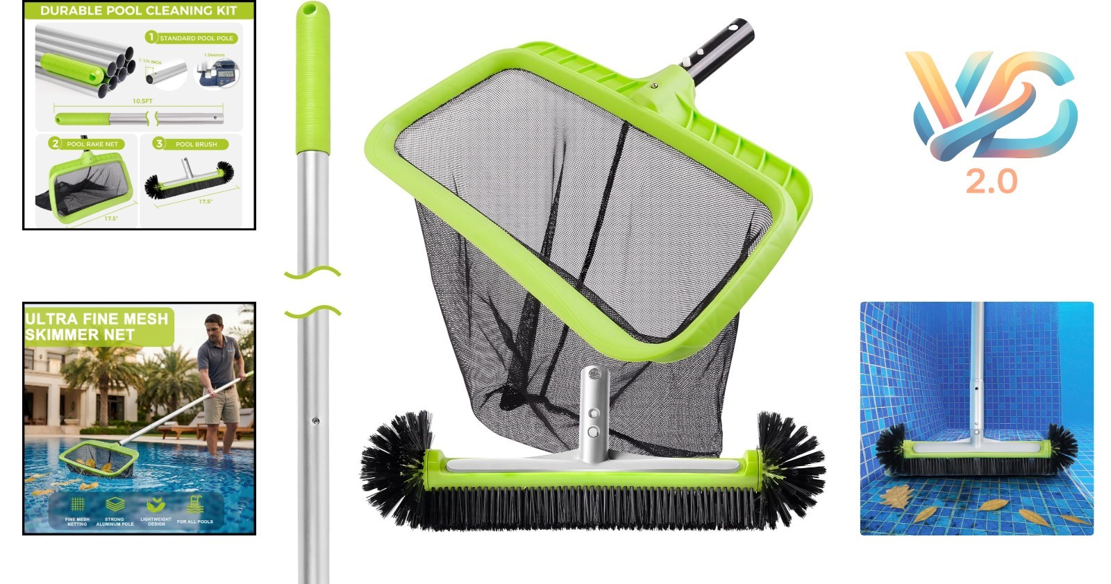 Deluxe Pool Cleaning Kit with 10.5Ft Aluminum Pole, Skimmer Net, Brush Head