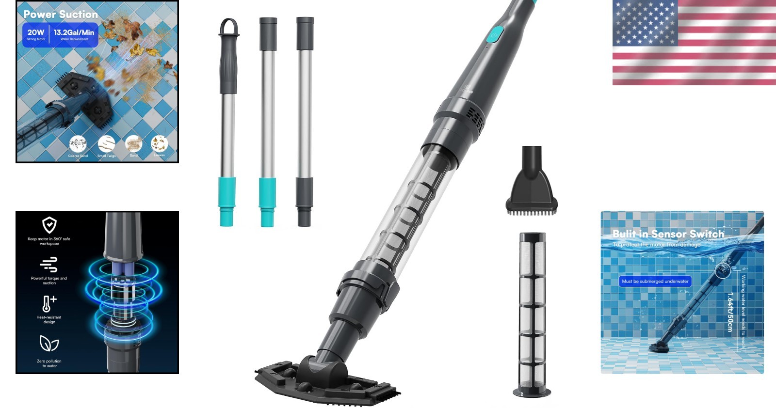 Compact Pool Cleaner with 3 Extension Tubes
