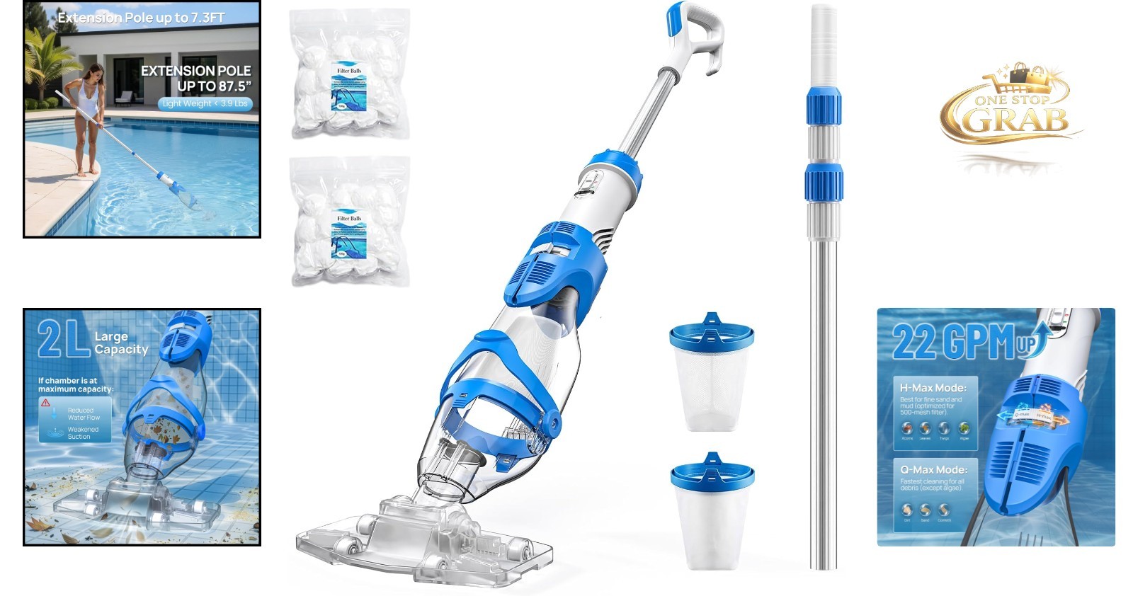 Battery-Powered Pool Vacuum 22 GPM Suction Handheld with 7.3 Ft Telescopic Pole