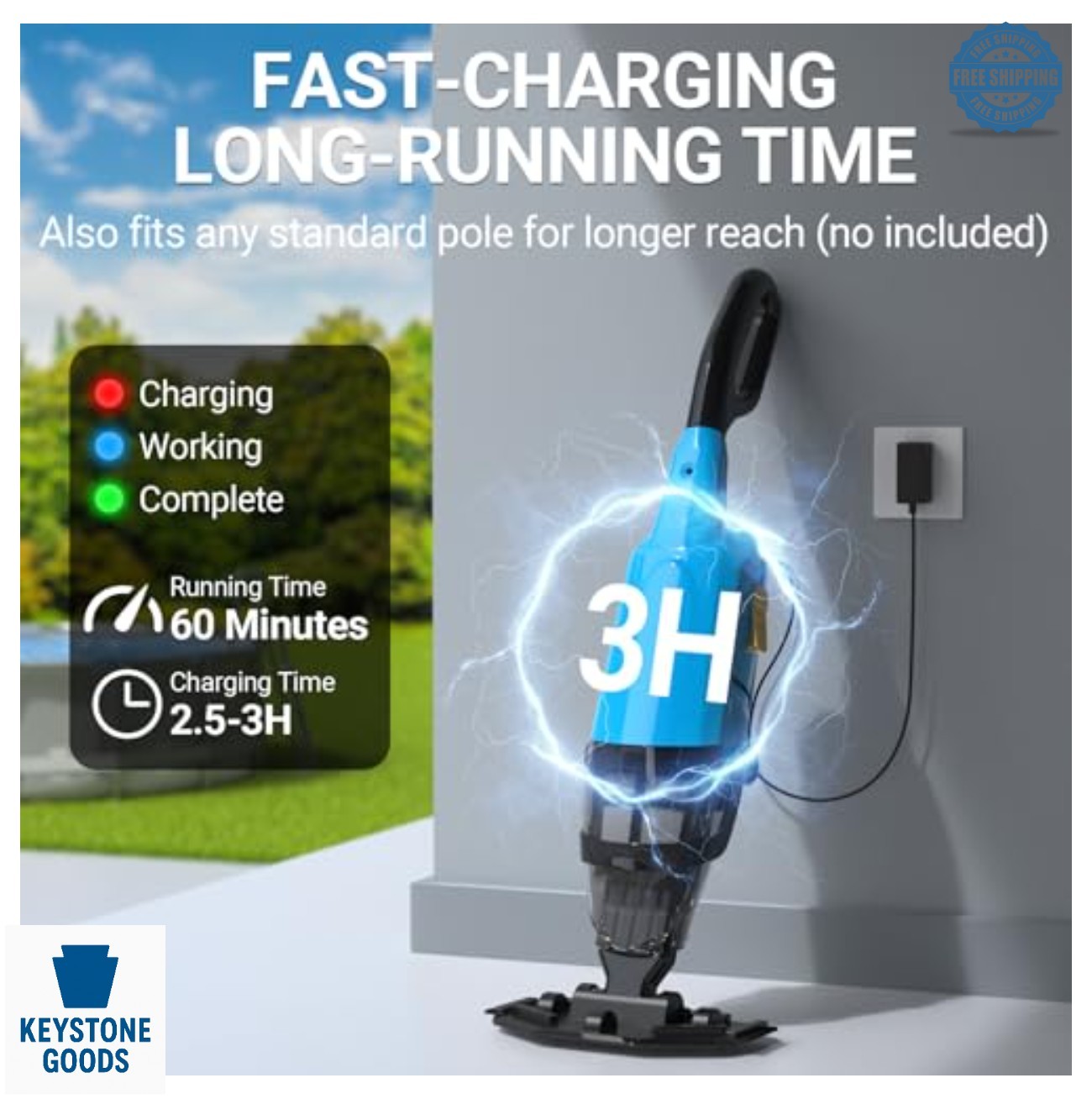 Cordless Handheld Pool Vacuum 18GPM Suction 87 Inch Pole 60 Mins Runtime