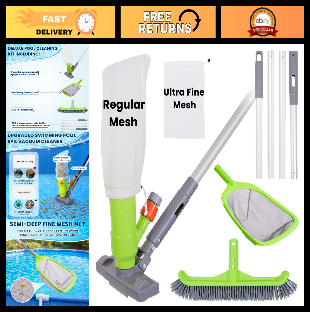 Deluxe Pool Cleaning Kit – Spa Jet Vacuum, Brush, Skimmer Net & 57.5&Prime; Pole for A