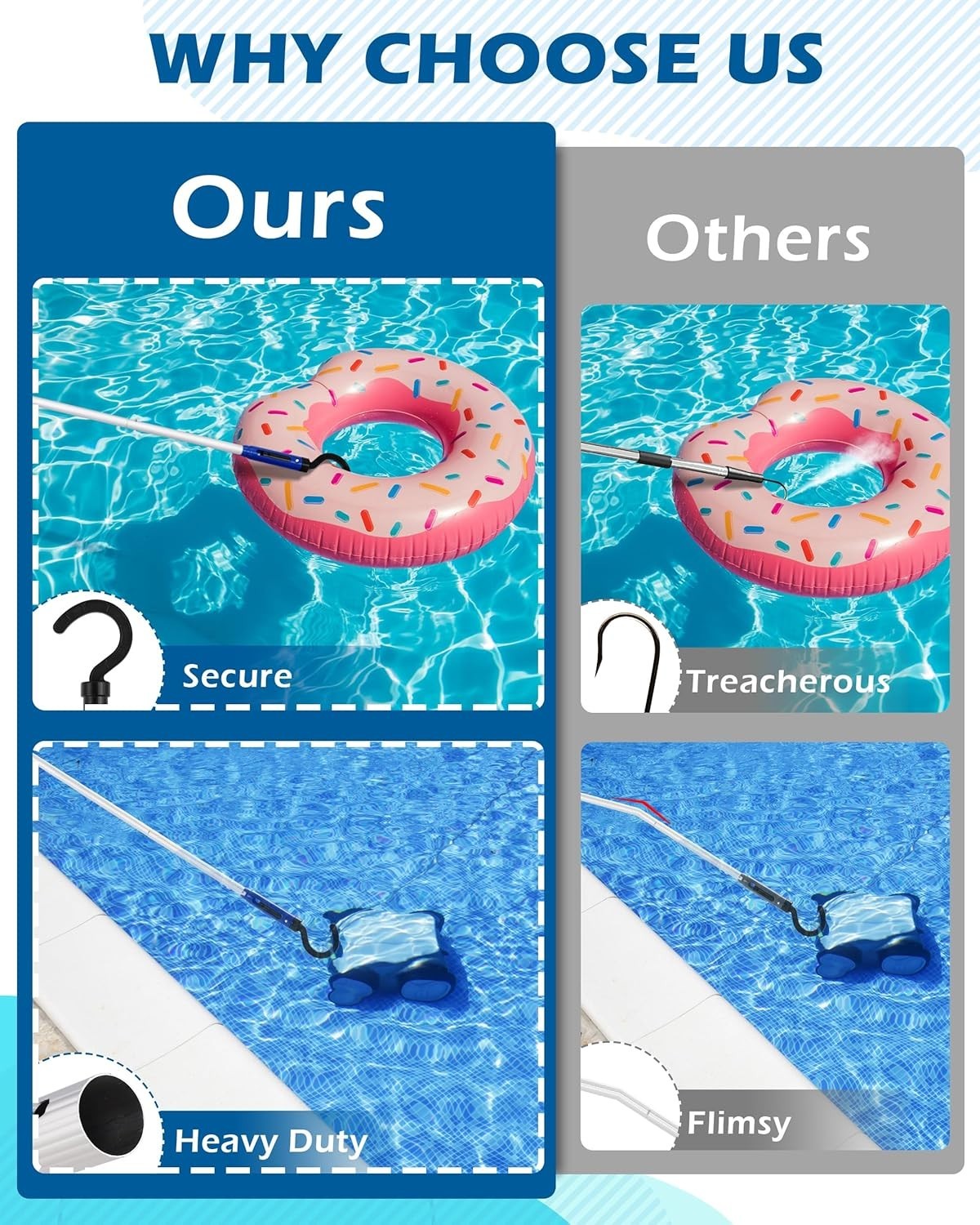 Adjustable Stainless Pool Robot Retrieval Hook & Pole – Heavy-Duty, Rust-Proo…