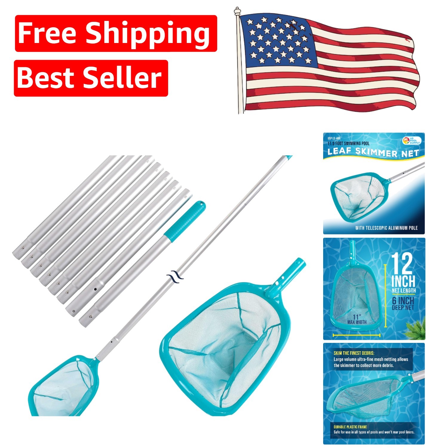 All-in-One 11.5 Ft Pool Leaf Skimmer with Durable Aluminum Pole for Spas & Ponds
