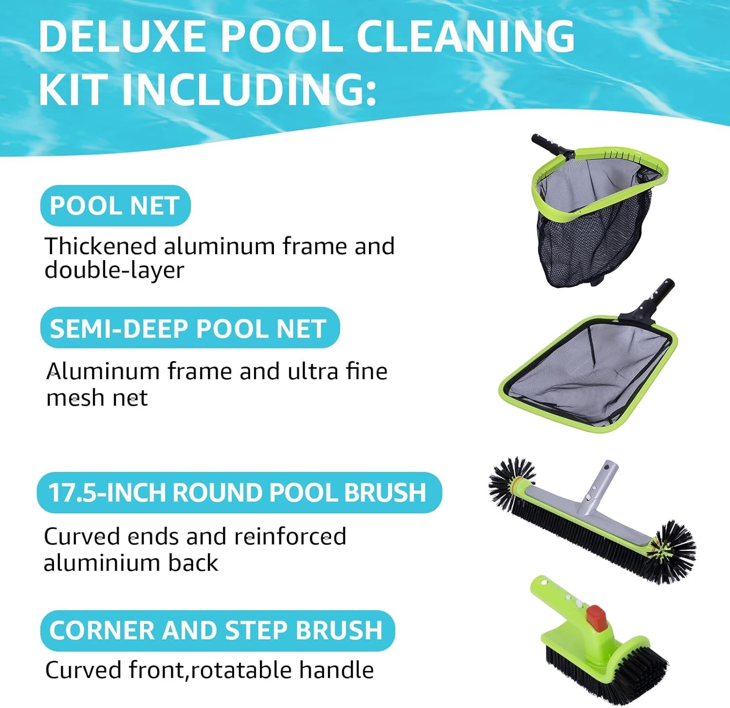 All-in-One Pool Cleaning Kit | Skimmer Net + Scrub Brush for Leaves & Debris