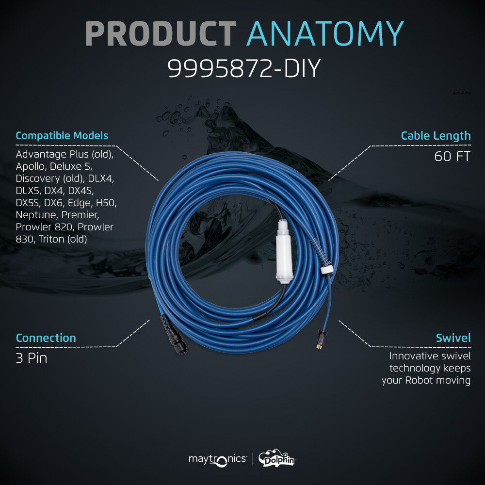 Dolphin Genuine Replacement Part Durable 60 FT Blue Cable w/ Swivel 9995872-DIY