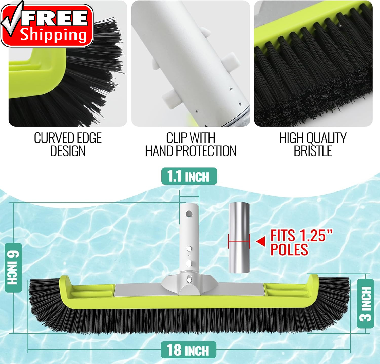 18&Prime; Pool Brush Head for Cleaning Swimming Pool Walls, Curved Ends High-Efficienc