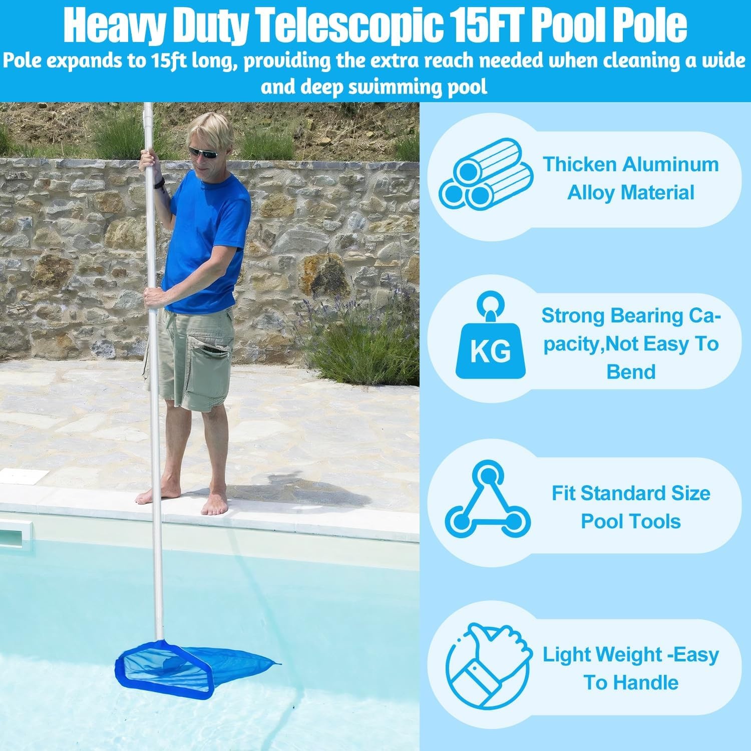 YEECHUN Professional 15 Foot Swimming Pool Pole Telescopic Aluminum Fits Pool Ne