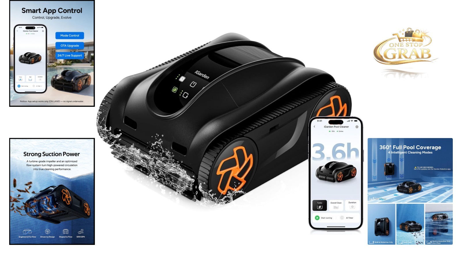 4-in-1 Cordless Robotic Pool Cleaner AI Control Self-Park Black