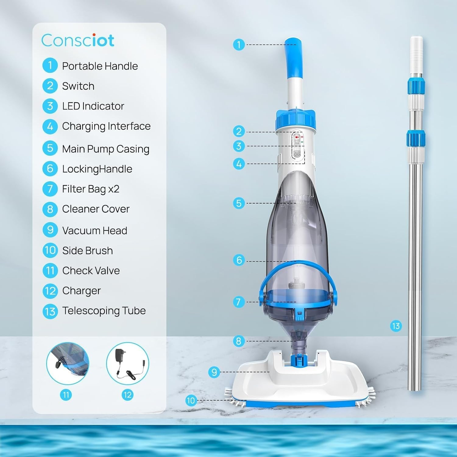 Cordless Pool Vacuum with Telescopic Pole, 60-Min Runtime, 18.5 GPM Suction