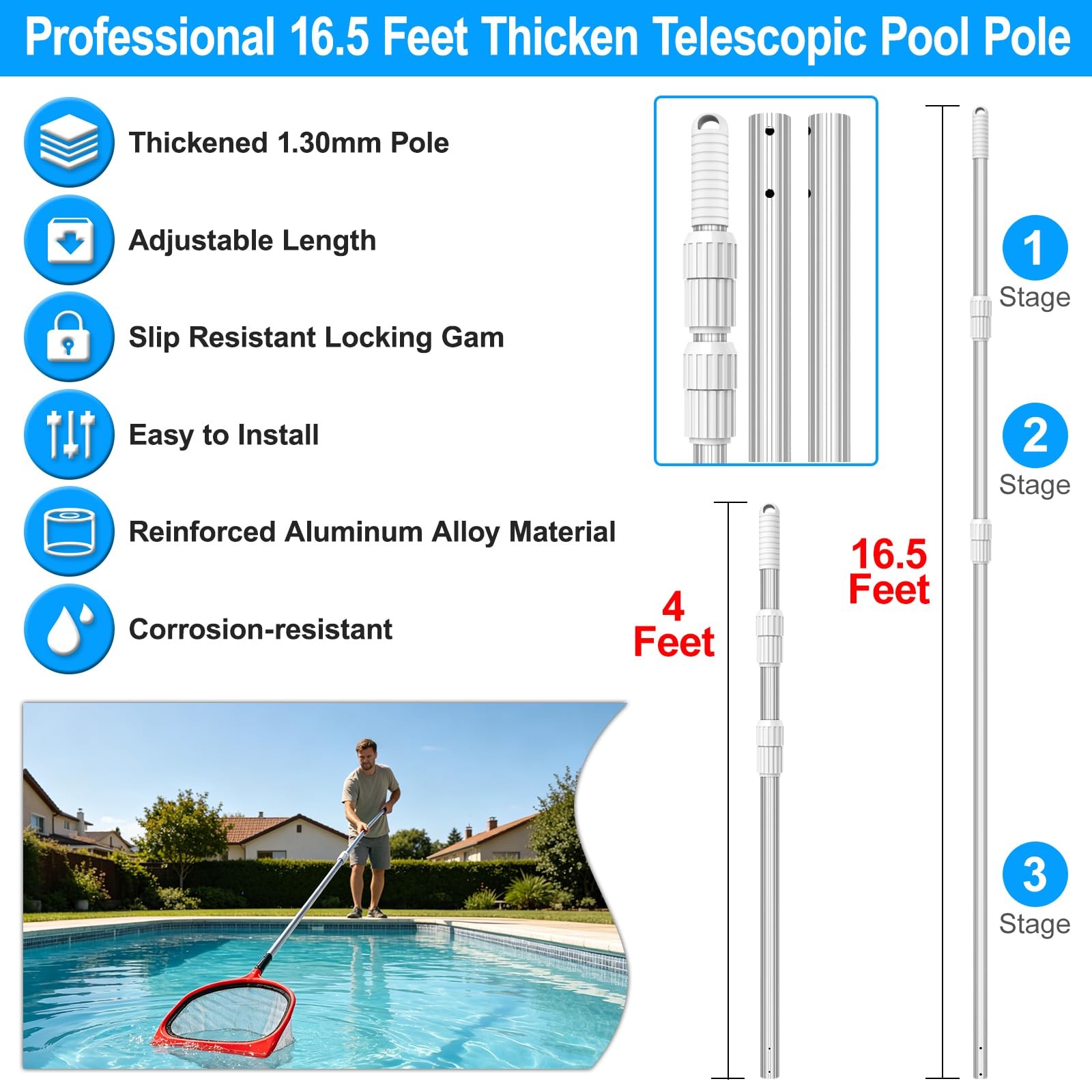 Upgraded Pool Pole 16.5 Foot Telescopic Swimming Pool Poles,Adjustable Telesc…