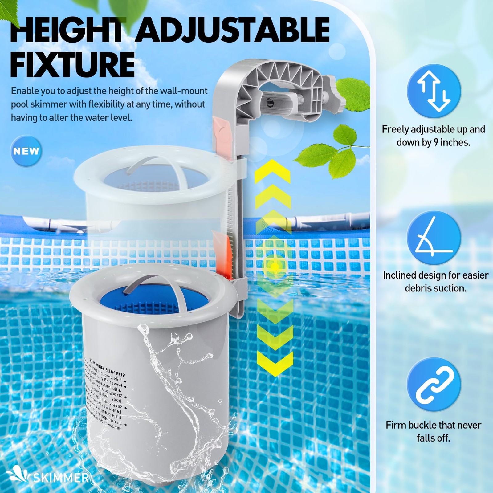 Automatic Above Ground Pool Skimmer with Removable Basket & Floating Filter