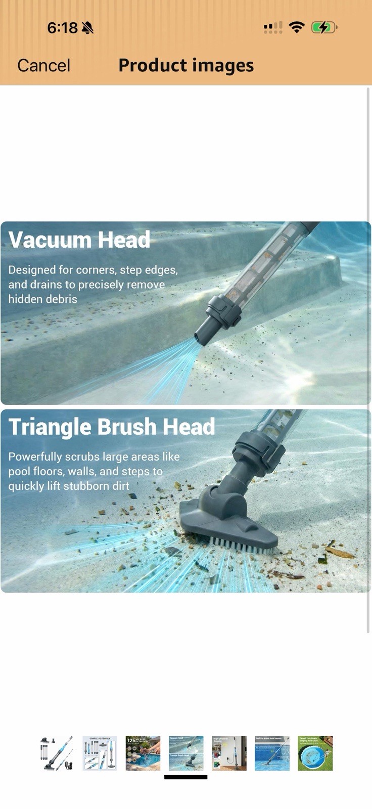 Cordless Rechargeable Pool Vacuum 60 Min w/ Telescopic Pole, Brush & Charger