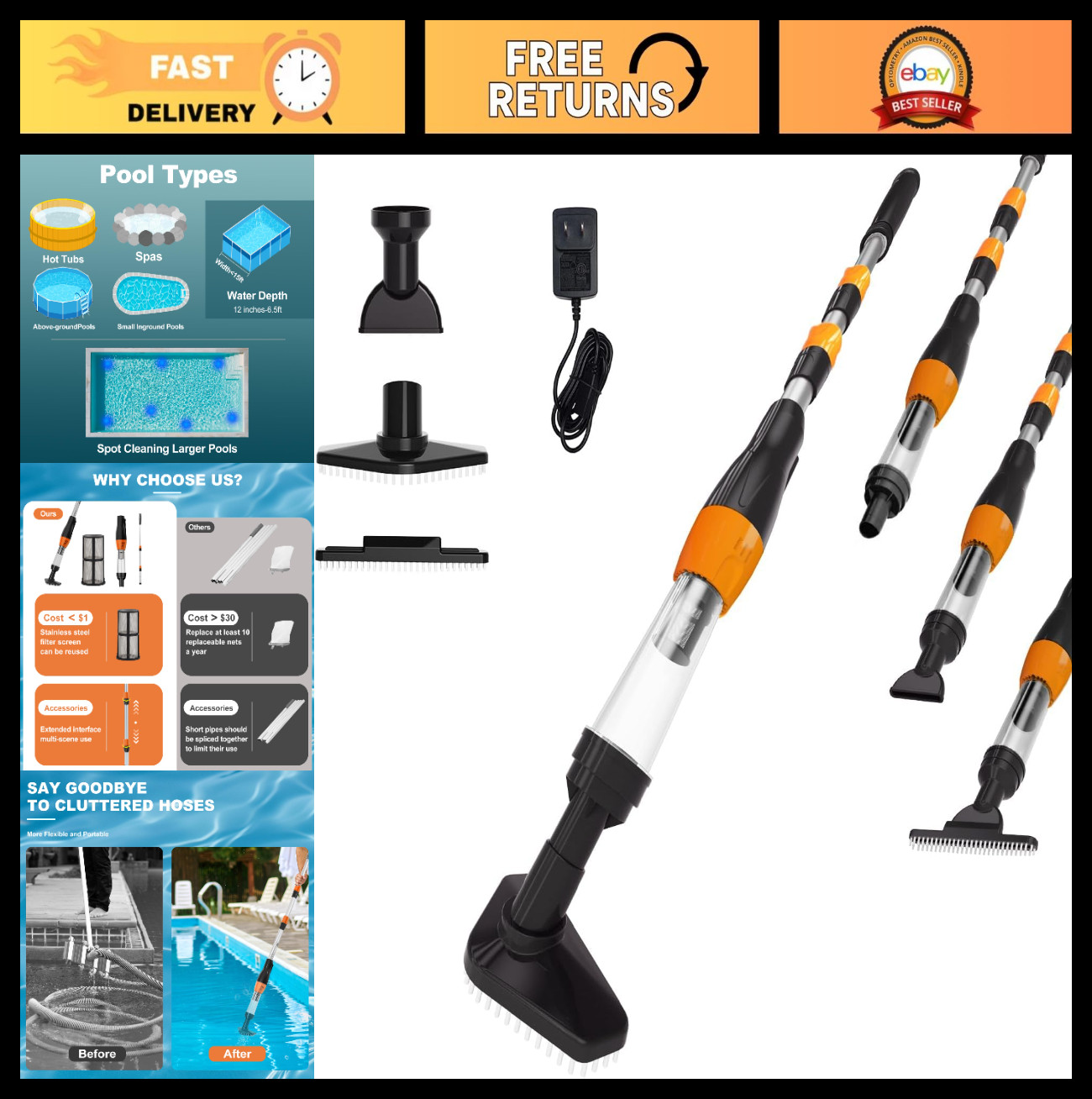 3-in-1 Cordless Rechargeable Pool Vacuum Cleaner for Spas, Hot Tubs & Small Pool