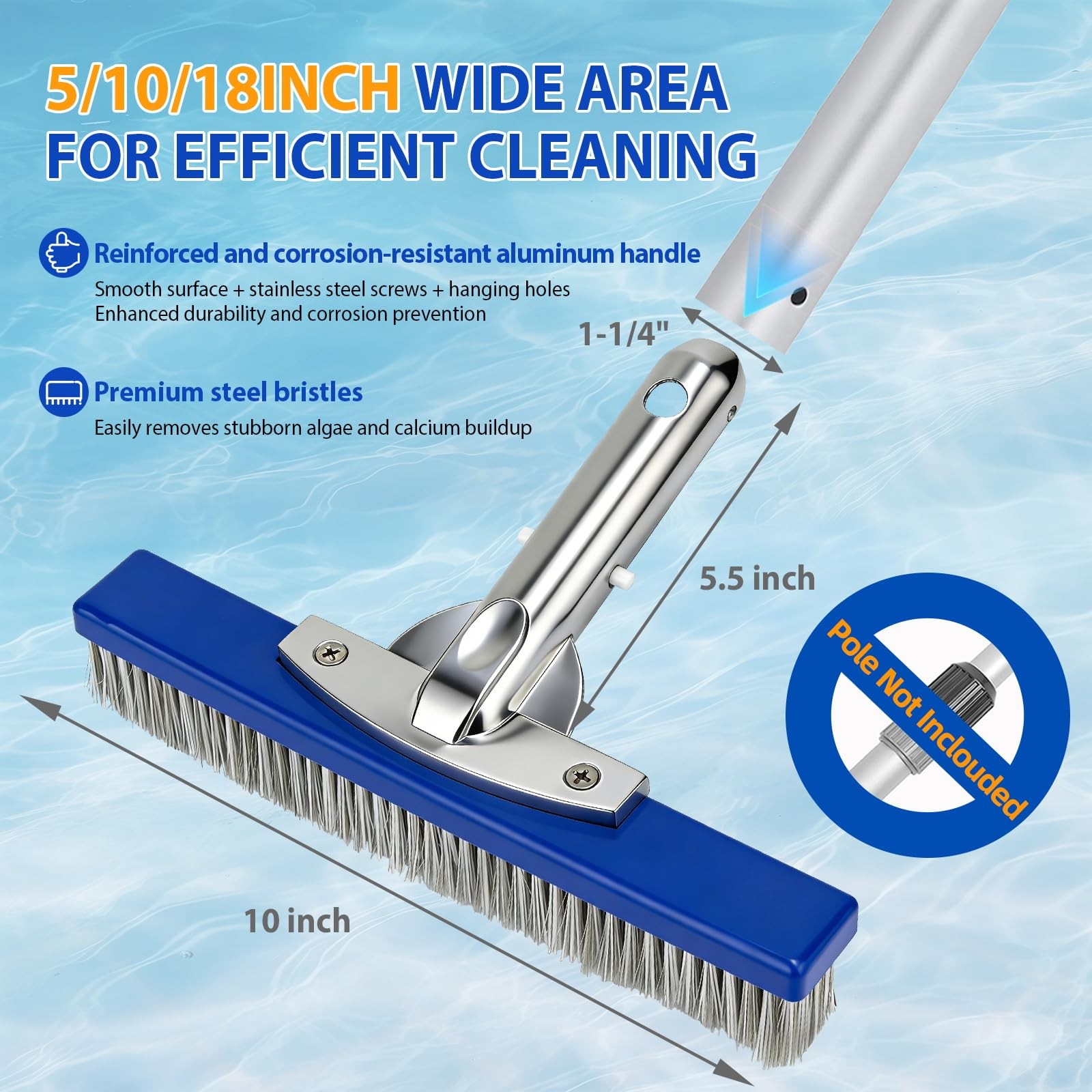 10-Inch Pool Brush Head – Combo Nylon & Stainless Steel Wire Bristles, Heavy Dut
