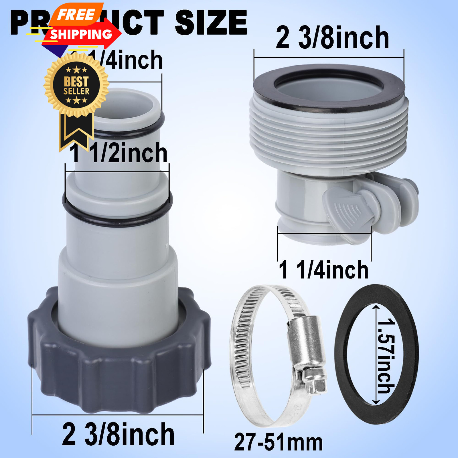 4 Pack Pool Hose Adapter with Clamp Washer 2 Types 1.5 inches, Gray